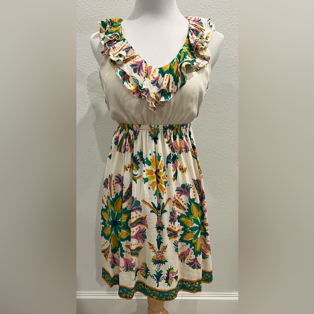 ECI‎ New York Women’s Silk Floral Ruffle Dress Sz 6 Sleeveless Cream Romantic